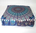 CRAFT KALA Blue Peacock Large Hippie Mandala Meditation Floor Ottoman Pillow Cushion Pouf Cover Square Poufs Bohemian Circle Floor Cushion Case Outdoor Fireplace Living Room Decor Cover 16" Square
