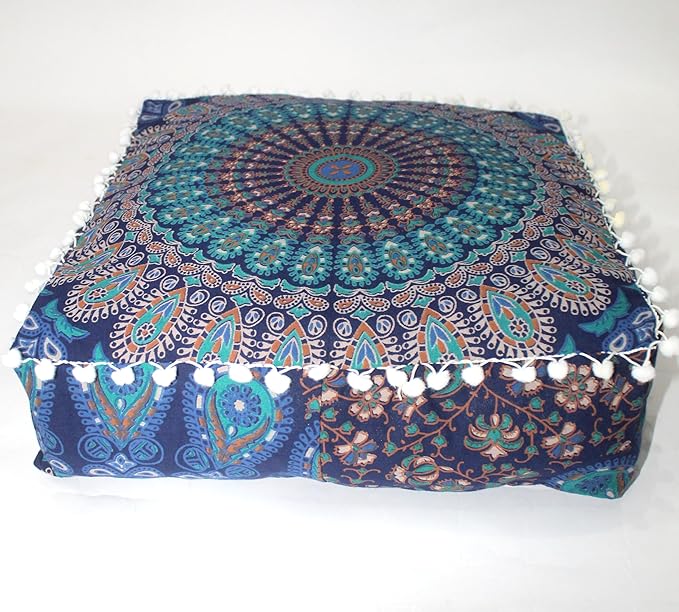 CRAFT KALA Blue Peacock Large Hippie Mandala Meditation Floor Ottoman Pillow Cushion Pouf Cover Square Poufs Bohemian Circle Floor Cushion Case Outdoor Fireplace Living Room Decor Cover 16" Square