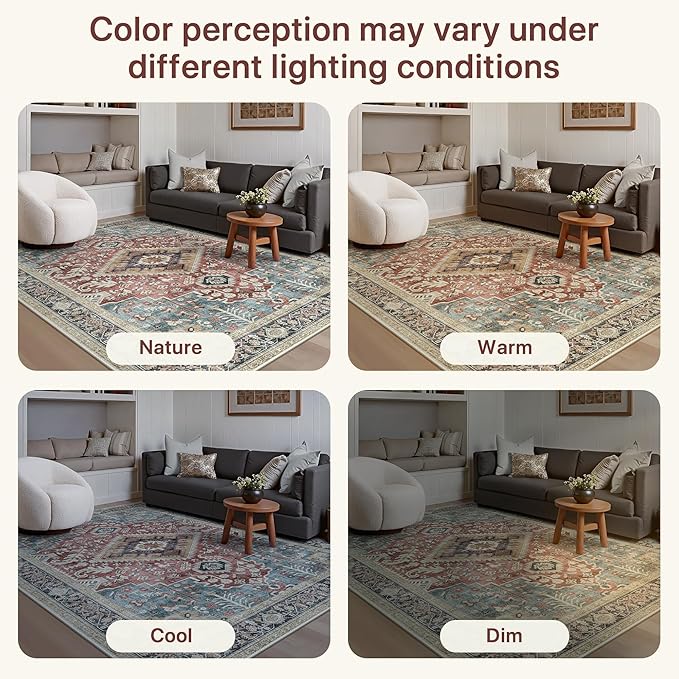 GENIMO 8X10 Washable Vintage Area Rugs for Living Room, Non-Slip Low Pile Chenille Print Rug, Soft Rugs for Bedroom Dining Room Home Office, Indigo & Flush