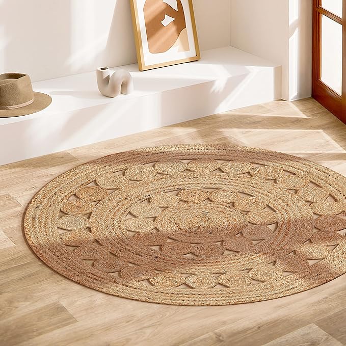 Hand Woven Jute Area Rug - 3' Round - Rustic Beige Reversible Farmhouse Rugs for Living Room, Bedroom, Kitchen - Vintage Natural Braided Entry Floor Décor Circle Boho Round Jute Rug 3ft