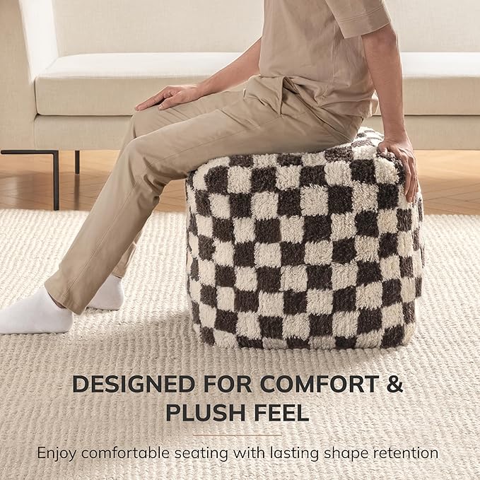 Anji Mountain Pouf Ottoman Foot Rest, Handmade Ottoman Pouf, Comfortable Foot Stool, Decorative Floor Seating for Living Room Decor, Bedroom & Home Décor Accent - Espresso Checker