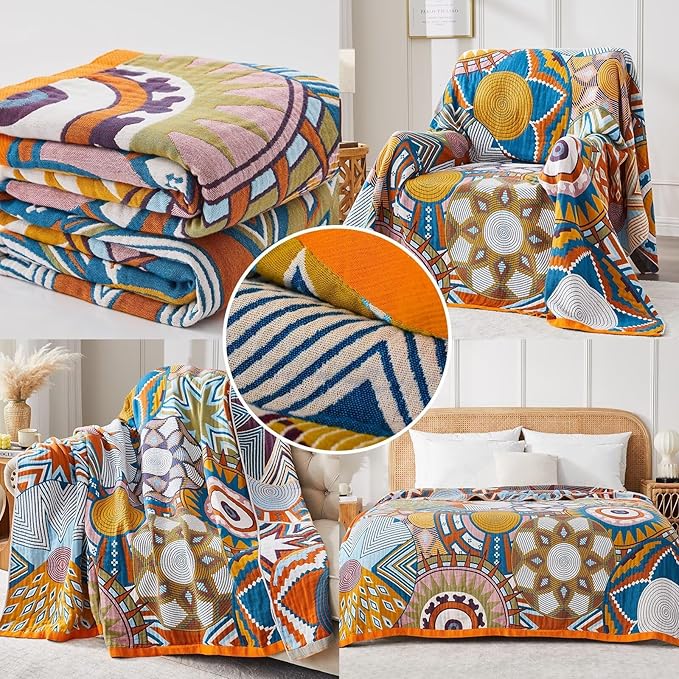 Boho Blanket Soft Muslin BohoThrow Blanket, 100% Cotton Floral Printed Farmhouse Decor All Season Reversible Rustic Throw for Sofa Couch Chair (Orange, 50"x60")