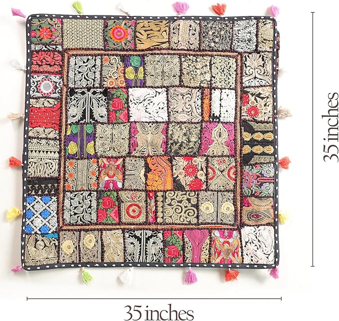 THE ART BOX Cotton Patchwork Vintage Boho Embroidered Floor Pillows & Cushion Cover Dog Pouf Seating Pouf Meditation Pillow Pet Bedding Cat Bed Boho Home Décor (35x35 Inches, Cover Only)