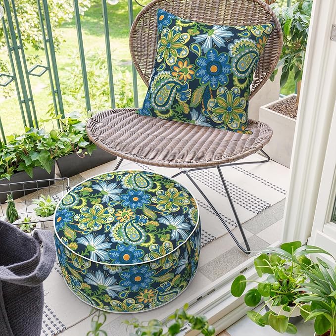 Inflatable Ottoman Stool D21 xH9 for Outdoor/Indoor Use, Water Repellent Patio Foot Rest with Portable Handle,Round Pouf Ottoman Suitable for Garden,Deck and Camping-Flower Child