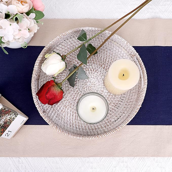 Hipiwe Round Rattan Serving Tray with Handles - Hand-Woven Wicker Tray - Decorative Candle Organizer - Storage for Breakfast, Drinks, Snacks - Coffee Table Centerpiece - Large (11.8" x 11.8" x 1.9")