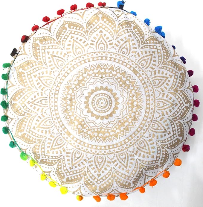 INDIAN CRAFT CASTLE ICC Mandala Barmeri Large Floor Pillow Cover Cushion Meditation Seating Ottoman Throw Cover Hippie Decorative Zipped Bohemian Pouf Ottoman Cases White Gold, 24" Round