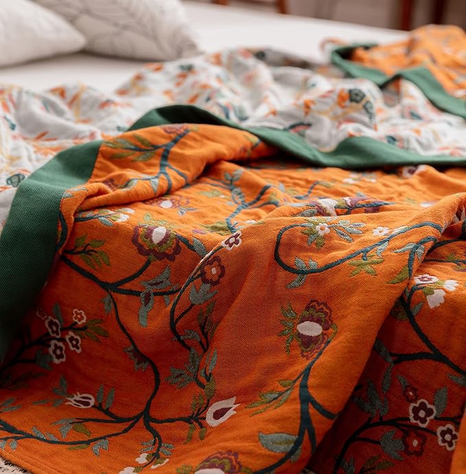 Scientific Sleep Vine Floral Blossom Senior Retro 100% Cotton Muslin Blanket Throw Cover for Bed Couch Sofa Cozy Soft Reversible Bedding Blanket Quilt Bedspread Coverlet Full Queen 80 in x 90 in