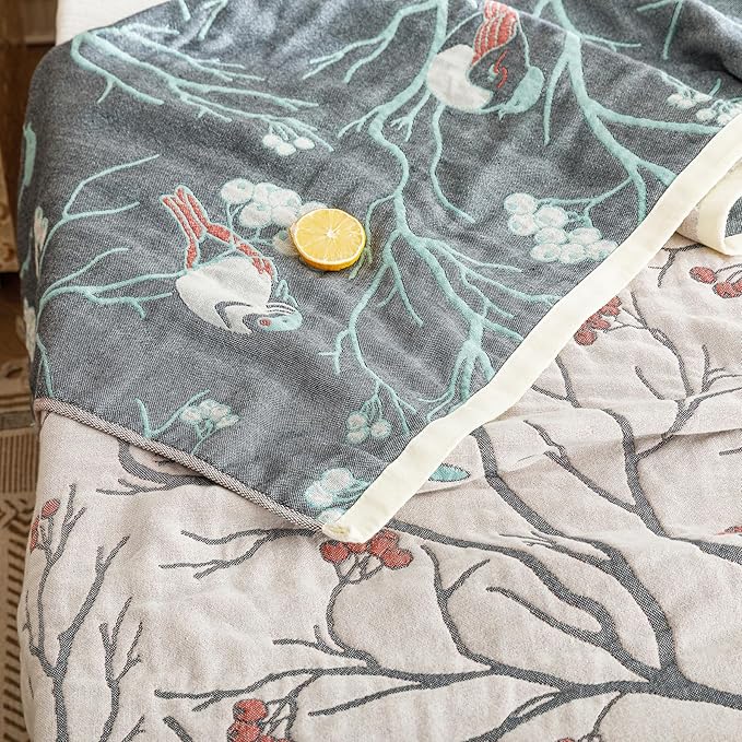 Scientific Sleep Bird Magpie on Hawthorn Tree 100% Cotton Muslin Blanket Throw Cover for Bed Couch Sofa Cozy Soft Reversible Bedding Blanket Bedspread Coverlet Twin 60 in x 80 in