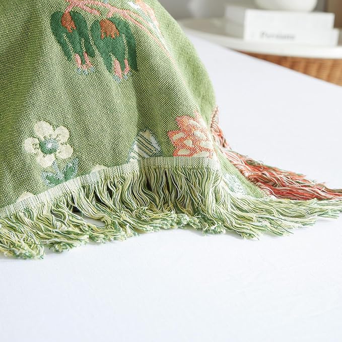 Boho Throw Blanket for Bed 60”x80”, 100% Cotton Woven Blanket for Couch Sofa, Ultra Soft 4-Layer Muslin Quilt with Floral Printed, Farmhouse Bed Blanket/Cover for Living Room Decor