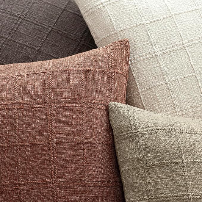 Foindtower Set of 2 Decorative Linen Check Throw Pillow Covers Neutral Farmhouse Vintage Cushion Covers Modern Boho Home Decor for Sofa Chair Couch Bedroom Living Room,22×22 Inch,Autumnal Red