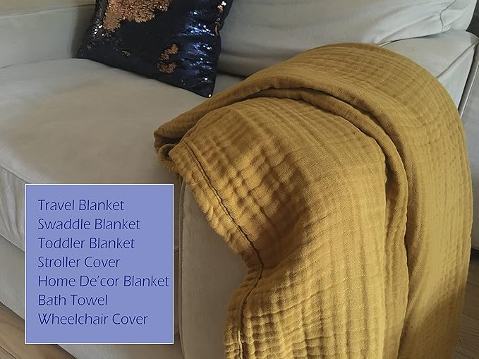 KyraHome 100% Organic Cotton Throw Blanket for Couch, 60"x80" Large Muslin Blankets for Adult, Couch, Plant Dyed Pre-Washed Breathable Gauze Warm, Fall Cotton Blankets, All Season (Mustard Yellow)