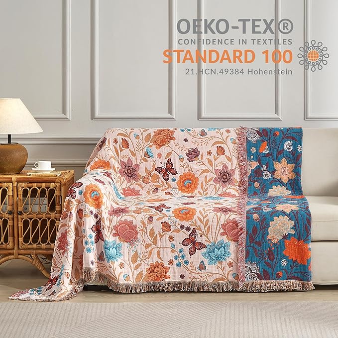 Boho Throw Blanket for Bed 60”x80”, 100% Cotton Woven Blanket for Couch Sofa, Ultra Soft 4-Layer Muslin Quilt with Floral Printed, Farmhouse Bed Blanket/Cover for Living Room Decor