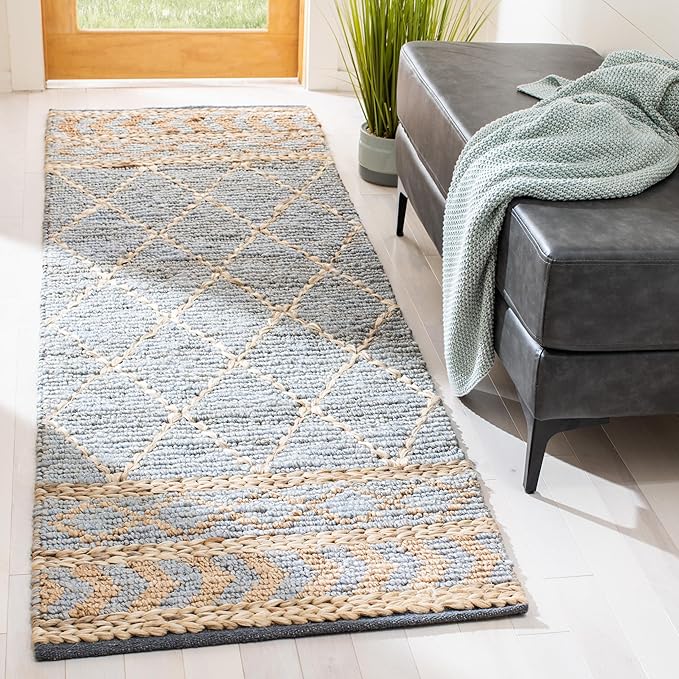 SAFAVIEH Natural Fiber Collection Runner Rug - 2'3" x 8', Natural & Blue, Handmade Boho Moroccan Trellis Jute, Ideal for High Traffic Areas in Living Room, Bedroom (NF955N)
