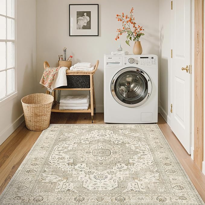 3x5 Area Rug - Washable Kitchen Rugs Non Slip,Soft Low Pile Small Rug for Entryway, Stain Resistant Vintage Area Rugs for Home Decor(Ivory/Beige, 3'x5')