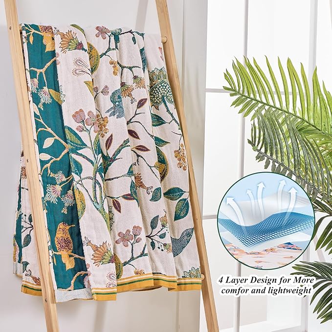 Boho Throw Blanket for Bed - 100% Cotton Ultra Soft Luxury Throw Rustic Fall Quilt,Bird Printed Farmhouse Decor Bed Blankets,Throw for Living Room Sofa Couch Chair(Flower-Bird, 60" x 75")