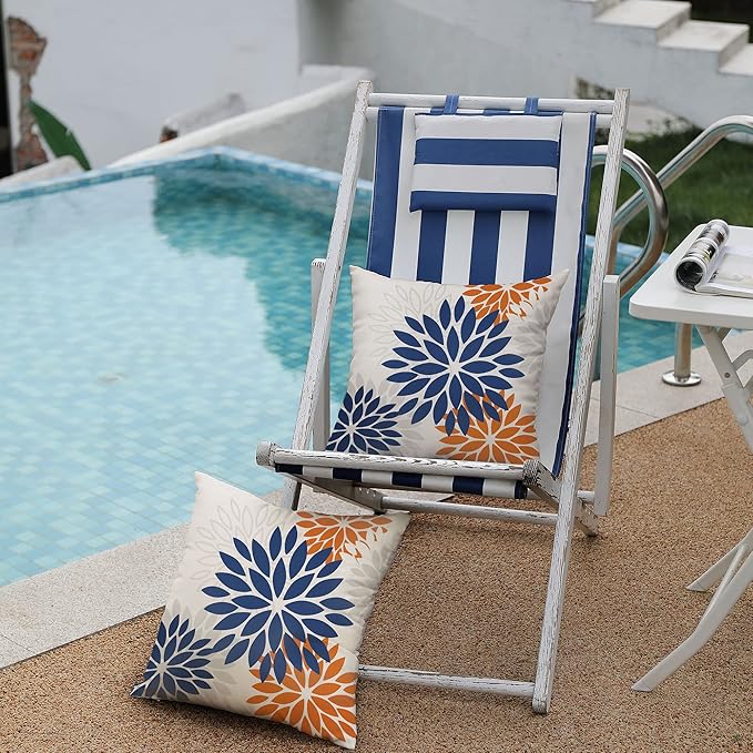 DFXSZ Blue Orange Outdoor Flower Pillow Covers 18x18 Inch Set of 2 White Colored Throw Pillows Outdoor Waterproof Decor for Living Room Sofa Patio Funiture Garden Floral Polyester pillow covers 002C18