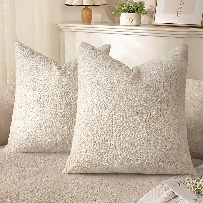 AELS Boho Decorative Textured Throw Pillow Covers 20x20, Organic Modern Mid Century Rainbow Tufted Pillow Case, Farmhouse Rustic Geometric Woven Cushion Case for Bed Couch Sofa, Creamy White