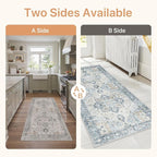 GENIMO 2.5x6 Reversible Runner Rugs for Hallway, Machine Washable Non Slip Vintage Rugs with Pad, Low Pile Lightweight Soft Print Rug for enrtyway, Corridor, Home, Office, Kitchen, Taupe & Blue