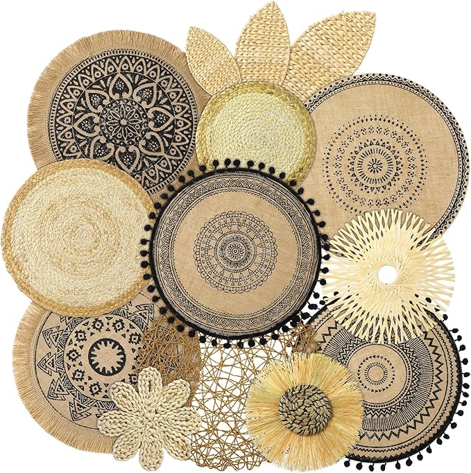 Xuhal 15 Pcs Boho Wall Basket Decor Handcrafted Seagrass Woven Wall Basket Rustic Round Woven Hanging Art for Home Farmhouse Kitchen Table Living Room(Mixed Colors Style)