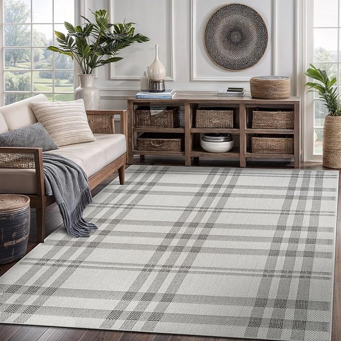 CAMILSON Easy Jute Rug 5x7, Indoor Outdoor Off-White Color Fiber Area Rugs for Living Room Patio and Kitchen Rug Checkred Boho Woven Design, Easy-Cleaning, Washable Outside Carpet (5 x 7)