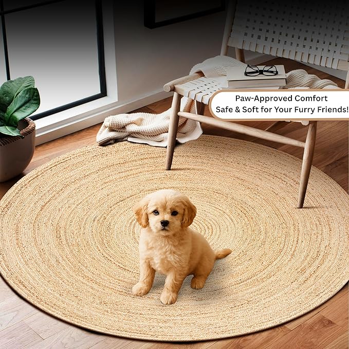 Ramanta Home Hand Woven Jute Braided Rug 4' Round - Natural, Farmhouse Accent Circle Reversible Rugs for Kitchen, Nursery, Kids Room, Boho Floor Carpet for Living Room, Patio - 4 Feet Round