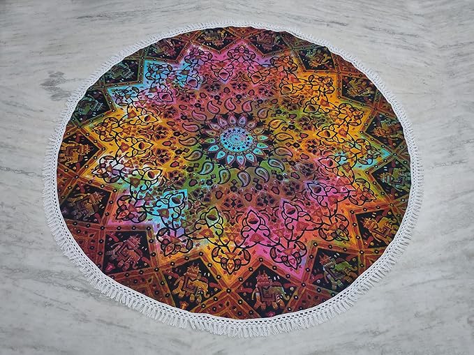 Round Beach Tapestry Turquoise Mandala Throw/Boho Hippie Beach Blanket Roundie/Indian Cotton Bohemian Large Round Table Cloth-Home Decor/Yoga Mat Meditation Picnic Rug (42", Multi Blue)
