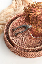 HITOMEN 11.8" Hand-Woven Round Rattan Serving Tray Decorative Wicker Trays with Handles for Coffee Table (Honey Brown-M)