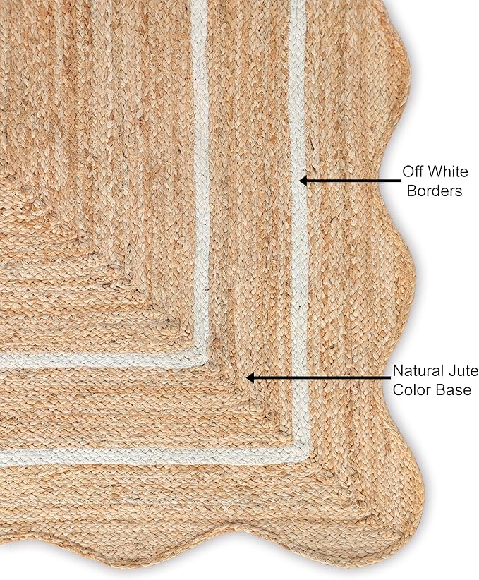 Wave Scalloped Natural Jute Rug - Boho Entryway Runner, Farmhouse Scallop, Off White (8'x10')