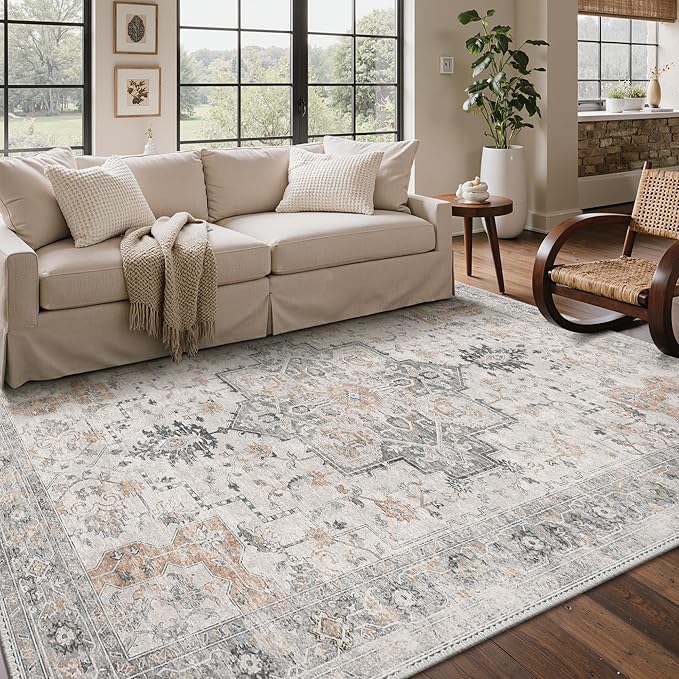 GENIMO 4x5 Area Rugs for Living Room, Machine Washable Rug, Non Slip Indoor Vintage Rug, Low Pile Lightweight Chenille Print Carpet for Bedroom Dining Room Home Office, Light Taupe Brown
