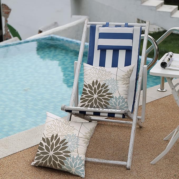 Brown Blue Flower Pillow Covers 16x16 Inch Set of 2 Summer Outdoor Waterproof Decor for Home Patio Funiture Garden Living Room Modern Art Floral Polyester Square Cushion Cover 01F16
