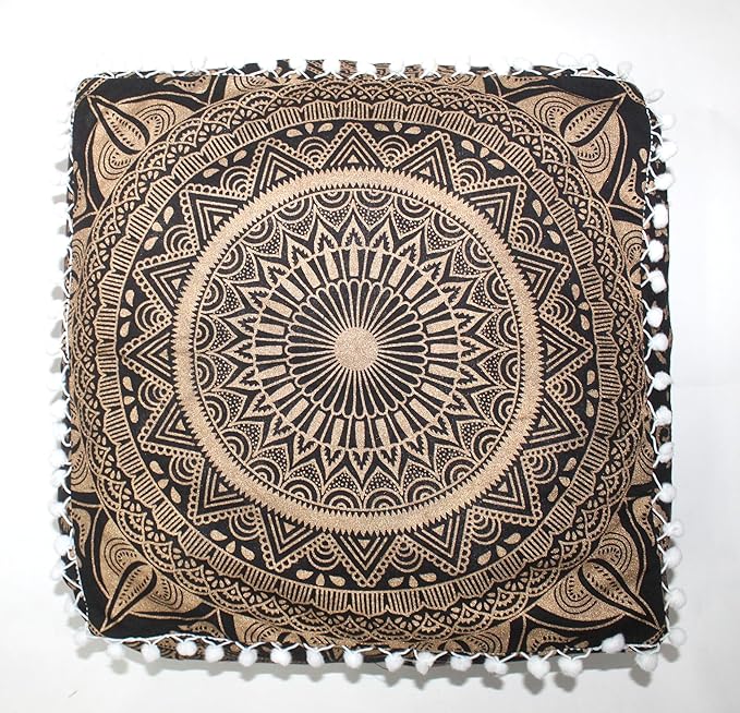 CRAFT KALA 24" Square Large Hippie Mandala Meditation Floor Ottoman Pillow Cushion Pouf Cover Square Poufs Bohemian Circle Floor Cushion Case Outdoor Fireplace Yoga Living Room Decor Cover Black Gold