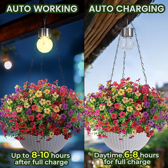 Artificial Faux Hanging Plants Flowers Basket for Spring Outdoor Outside Decorations, Fake Silk Daisy Look Real,Ferns in Planter UV Resistant Realistic for Front Door Yard Farmhouse Wedding Decor