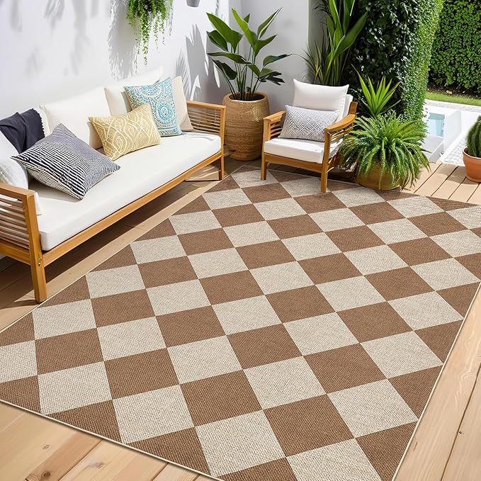 GarveeHome Easy Jute 8x10 Area Rugs for Living Room Checkered Rugs Machine Washable Non-Slip Backing Indoor Outdoor Carpets for Farmhouse Dining Room Nursery Patio Brown