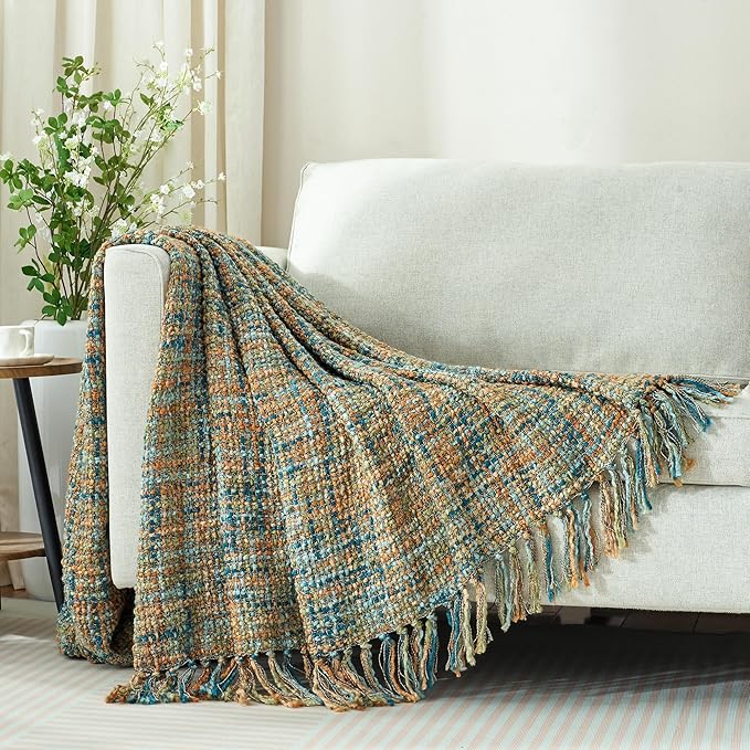 Multi-Color Gold Green Cable Woven Throw Blanket for Couch,50"X60" Boho Style Textured Blankets for Home Decor,Super Soft Warm Cozy Chunky Blanket with Decorative Tassels for Bed