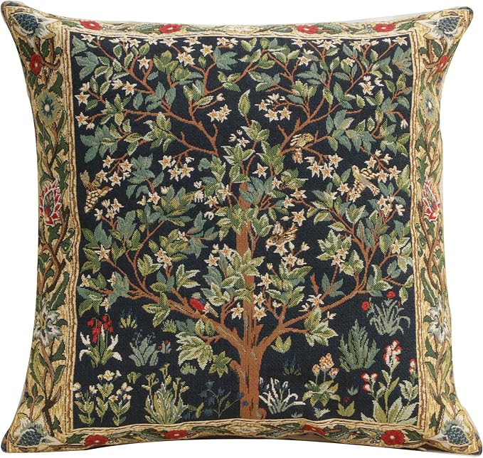 Charlotte Home Furnishings Decorative Tapestry Throw Pillow Covers 18x18 - Blue Tree of Life Floral Cushion Case - 100% Cotton Jacquard Woven Fabric - Boho Couch Accent & Elegant Home Decor