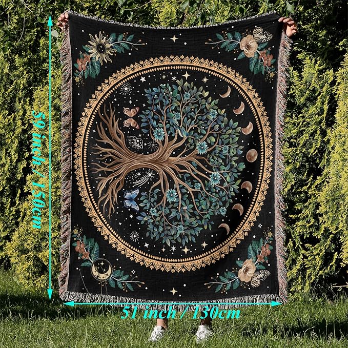 Tree of Life Woven Throw Blanket Mandala Boho Chic Decor Life Tree Reversible Cute Cotton Boho Throw Blanket Witchy Throws Blankets with Tassels Bohemian Room Decor Luxury Christmas Throws 51”x59”