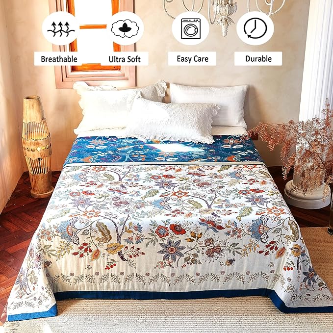 Boho Throw Blanket, 100% Organic Cotton Breathable Skin-Friendly Ultra Soft Bed Quilt Throw - All Season Floral Farmhouse Décor Luxury Blanket for Sofa Couch Chair and Gift. 91" x 98"
