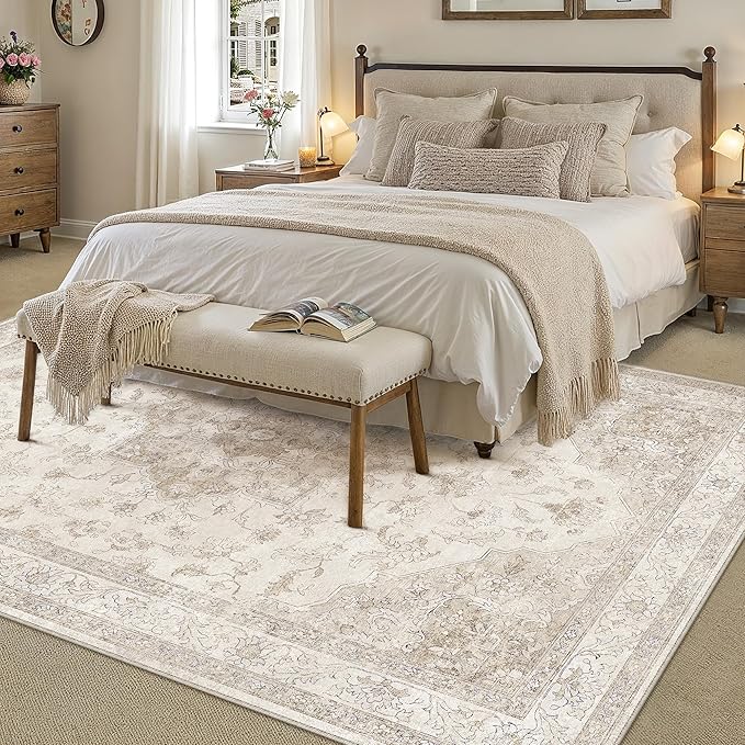 Beige Area Rug 8x10 Washable Vintage Carpet for Living Room Bedroom Large Soft Retro Low Pile Thin Indoor Rug Non Slip Oriental Medallion Floor Cover for Dining Room Office