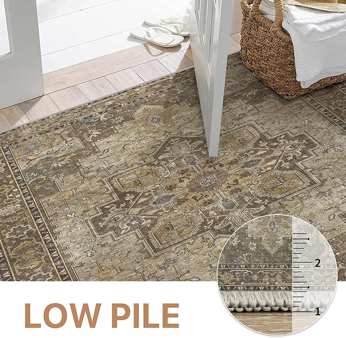 GENIMO 5FT Round Area Rugs for Living Room, Circle Rugs Machine Washable Low Pile, Chenille Non Slip Vintage Rug for Bedroom, Dining Room, Home Office, Charcoal Brown