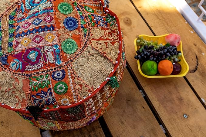 THE ART BOX Cotton Patchwork Vintage Embroidered Pouf Cover – Ottoman Stool Seat Cover, Decorative Floor Cushion for Home Décor (14x22 Inches, Cover Only)