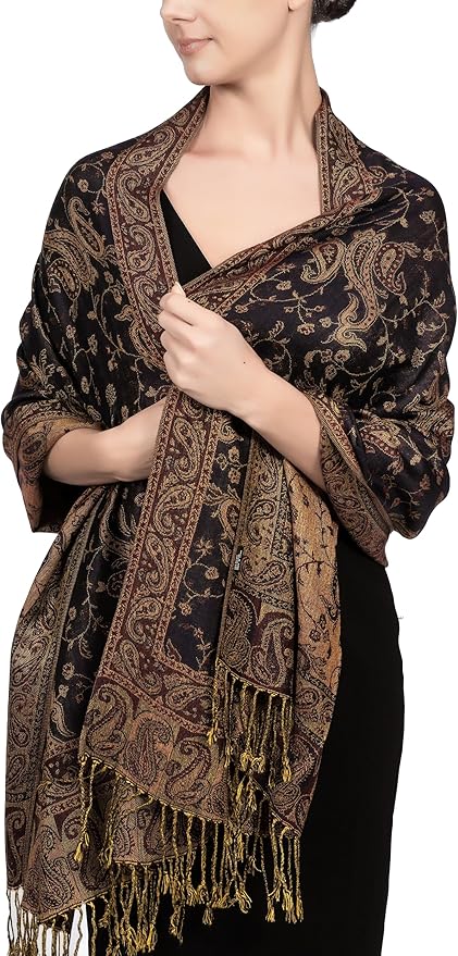 Achillea Reversible Paisley Pashmina Rave Scarf – Exotic Indian Shawls and Wraps for Evening Dresses, Festivals, All Seasons