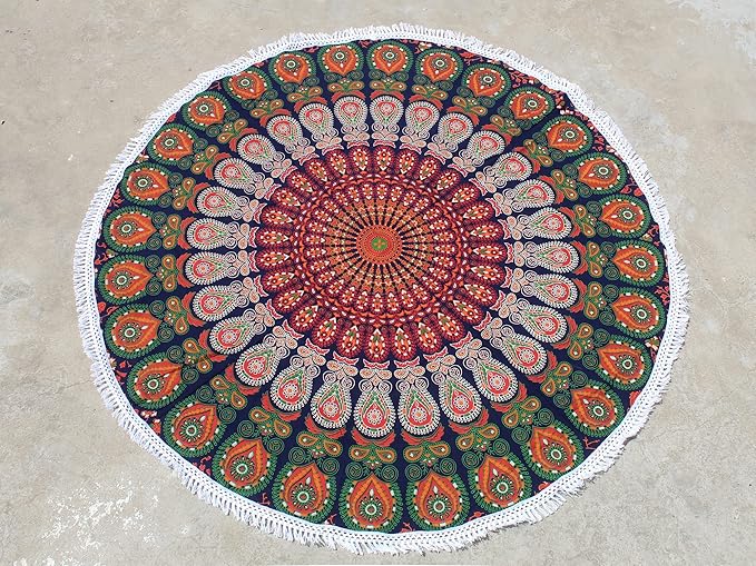 Round Beach Tapestry Turquoise Mandala Throw/Boho Hippie Beach Blanket Roundie/Indian Cotton Bohemian Large Round Table Cloth-Home Decor/Yoga Mat Meditation Picnic Rug (42", Orange and Green)