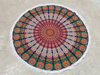 Round Beach Tapestry Turquoise Mandala Throw/Boho Hippie Beach Blanket Roundie/Indian Cotton Bohemian Large Round Table Cloth-Home Decor/Yoga Mat Meditation Picnic Rug (42", Orange and Green)