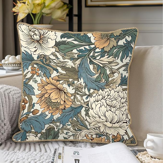KSLIDS Vintage Flowers Soft Velvet Throw Pillow Covers Set of 2 Floral Plant Leaves Decorative Pillow Covers 16x16 Inch Yellow White Flowers Pillow Case for Sofa Couch Bedroom Farmhouse Home Decor