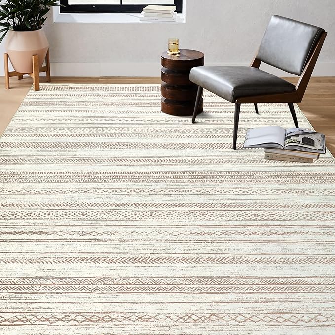 Boho Area Rug 6x9 Beige Living Room Large Office Modern Neutral Kitchen Taupe Washable Indoor Accent Low Pile Geometric Carpet Distressed Throw Rug Bedroom Dining Room