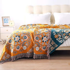 Boho Throw Blanket, 100% Cotton Soft Sofa Bed Throw-Floral Farmhouse Decor Blanket, Reversible Bohemian Throw for Chair Couch Quilt and Gift, 60" x 80"-Yellow