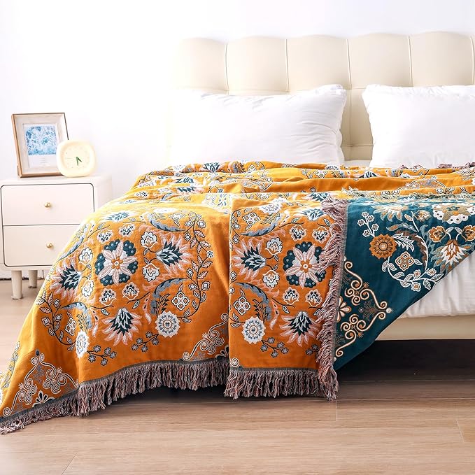 Boho Throw Blanket, 100% Cotton Soft Sofa Bed Throw-Floral Farmhouse Decor Blanket, Reversible Bohemian Throw for Chair Couch Quilt and Gift, 60" x 80"-Yellow