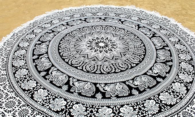 Round Beach Tapestry Turquoise Mandala Throw/Boho Hippie Beach Blanket Roundie/Indian Cotton Bohemian Large Round Table Cloth-Home Decor/Yoga Mat Meditation Picnic Rug (42", Black And WHite)