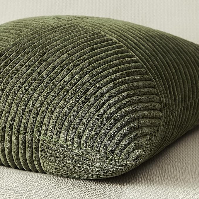 Topfinel Set of 2 Olive Green Decorative Throw Pillow Covers 22x22 Inches for Couch Bed Sofa, Boho Aesthetic Home Decor, Soft Corduroy Striped Patchwork Windmill Textured Cushion Cases 55x55 cm