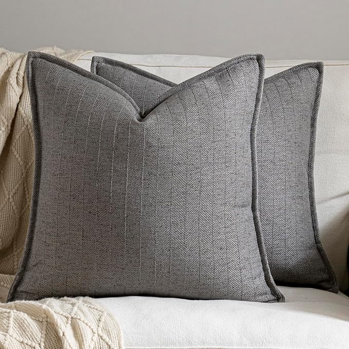18x18 Linen Pillow Covers Grey Pack of 2 Farmhouse Boho Neutral Accents Striped Textured Square Decorative Throw Pillow Cases for Living Room Couch Bed Home Decor